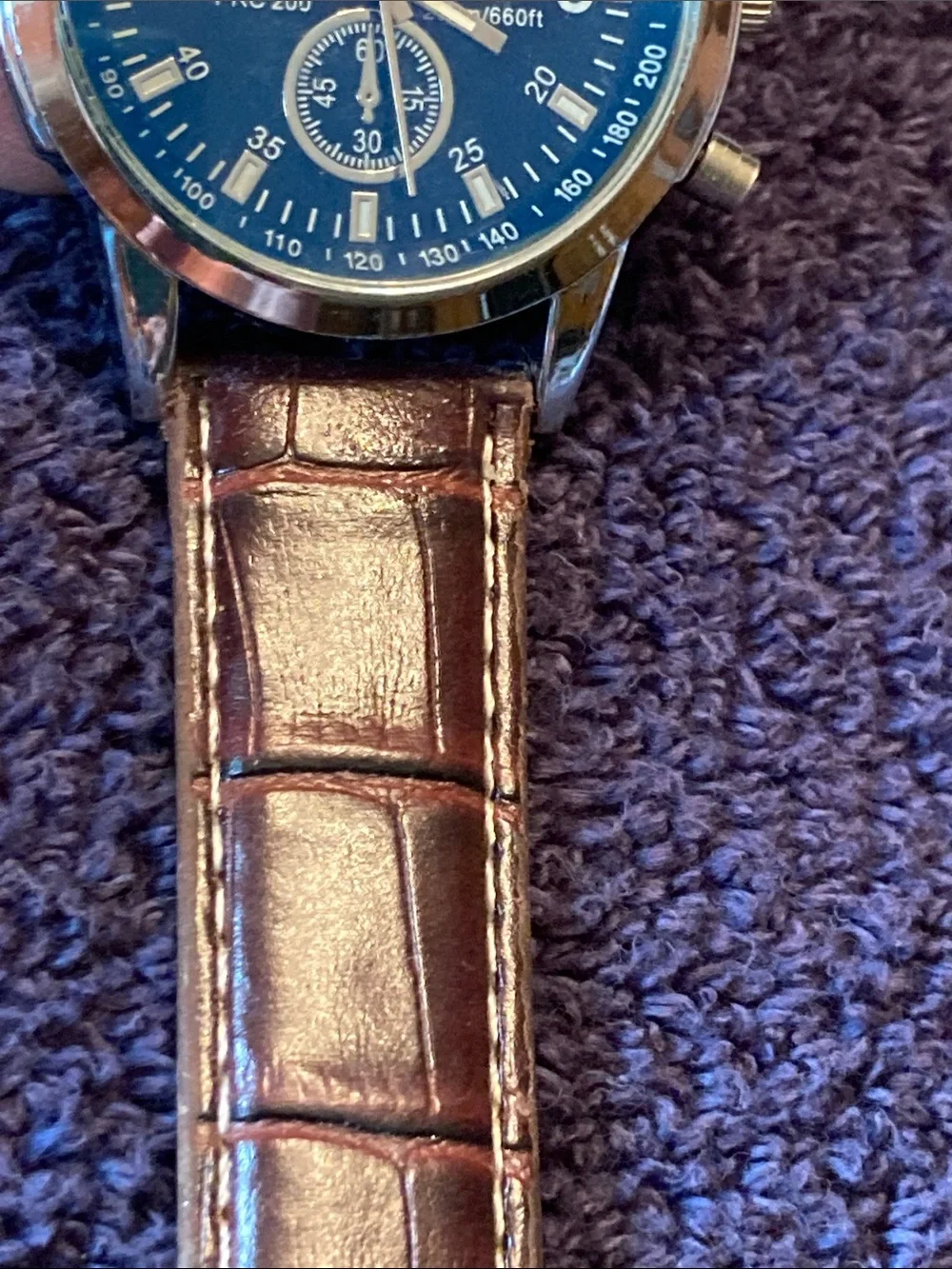 Men's Brown Leather Strap Chronograph Look Watch - Blue Dial Runs Perfectly